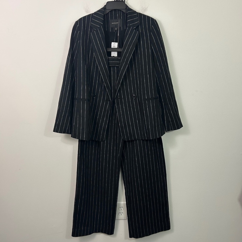 Banana Republic Womens Pinstripe Linen Blend Suit Blazer Wide Leg Pants 8 NEW